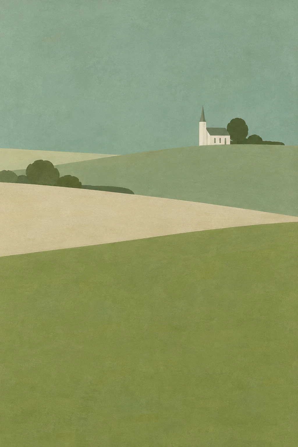 A white clapboard church in sage, taupe, stone; portrait artwork.