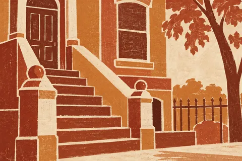A brownstone stoop in ochre, rust, terracotta, cream; landscape artwork.