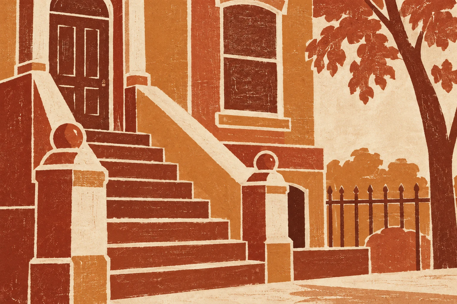 A brownstone stoop in ochre, rust, terracotta, cream; landscape artwork.