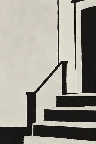 A brownstone stoop in cream, black, charcoal; portrait artwork.
