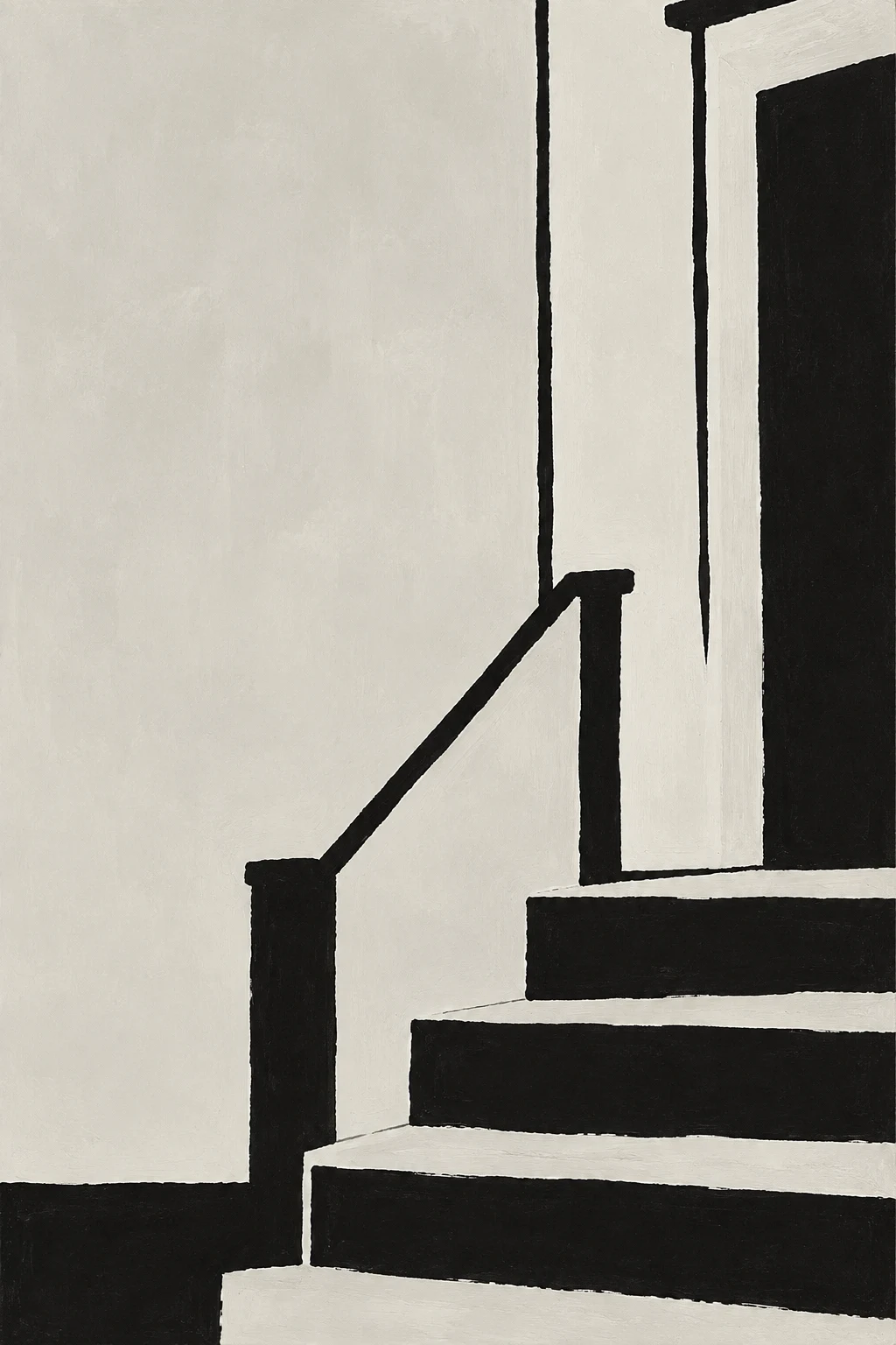 A brownstone stoop in cream, black, charcoal; portrait artwork.