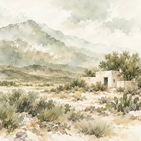 A desert adobe house in white, cream, stone, sand; square artwork.
