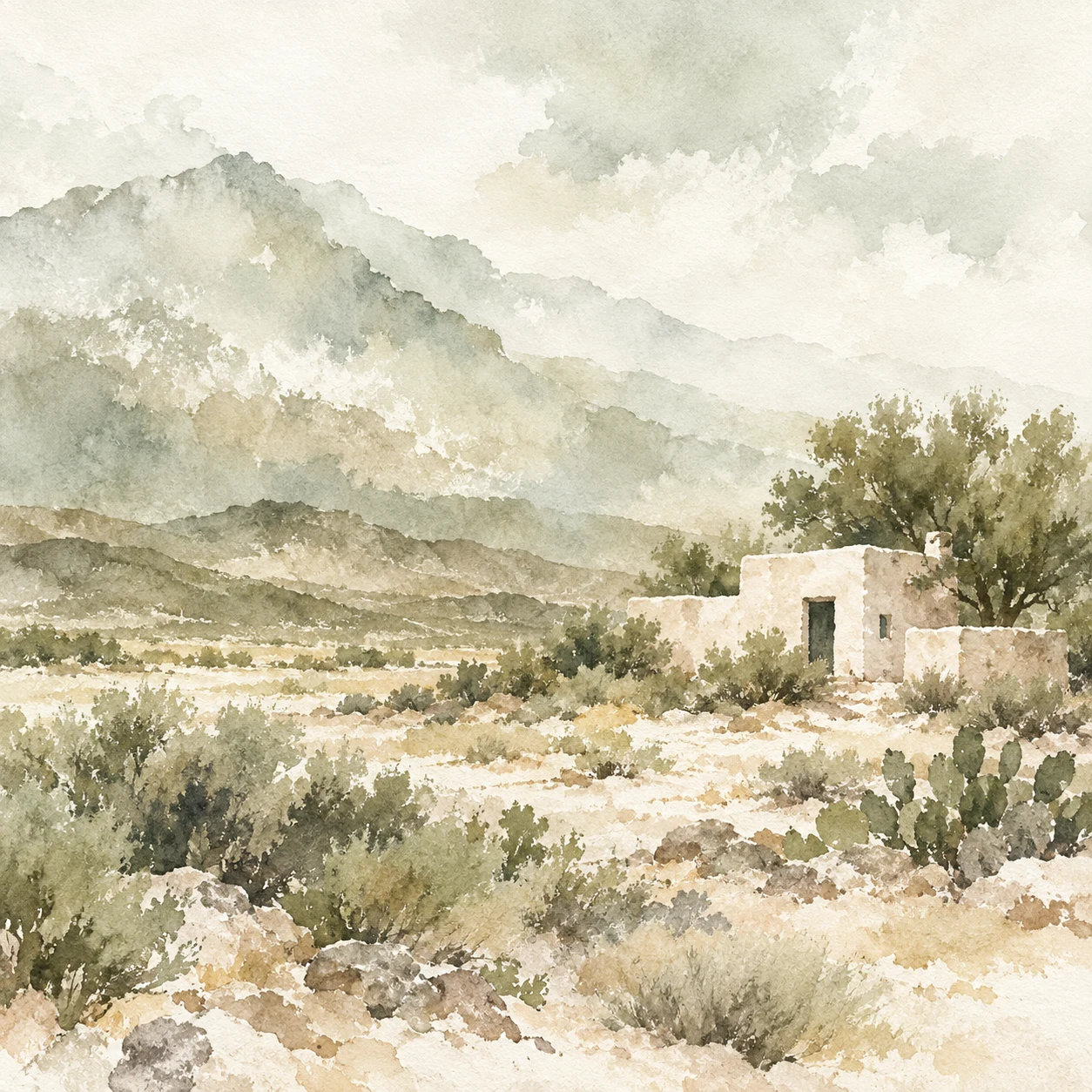 A desert adobe house in white, cream, stone, sand; square artwork.