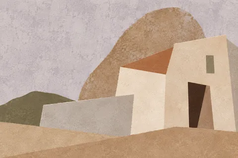 A desert adobe house in sand, stone, cream, taupe; landscape artwork.