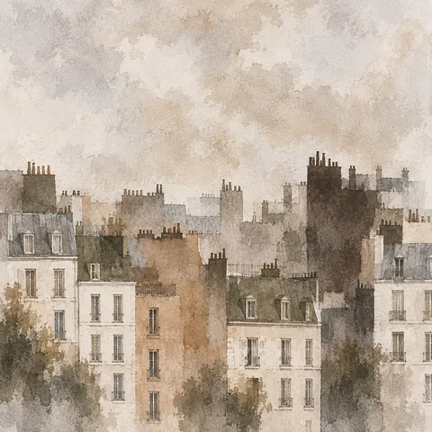 A row of tall narrow townhouse facades in cream, stone, gray, taupe; square artwork.