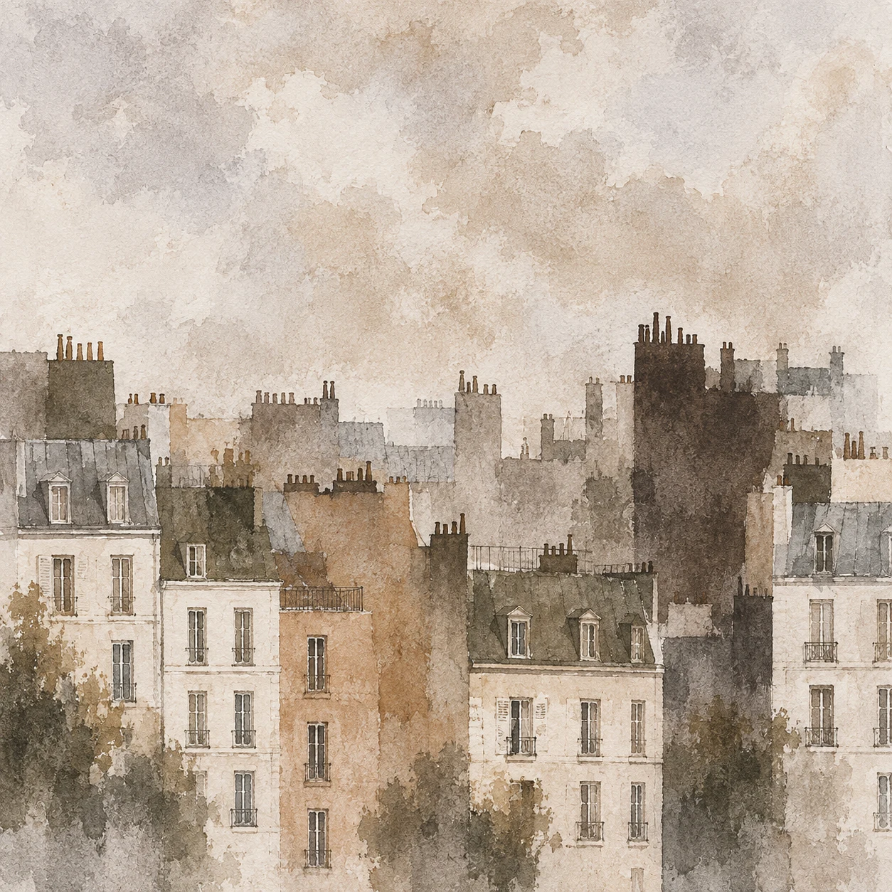 A row of tall narrow townhouse facades in cream, stone, gray, taupe; square artwork.