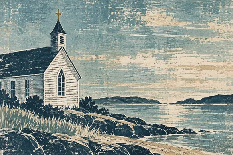 A white clapboard church in gray, stone, navy, cream; landscape artwork.