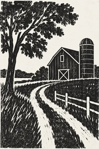 A red barn with a silo in charcoal, black, white, gray; portrait artwork.