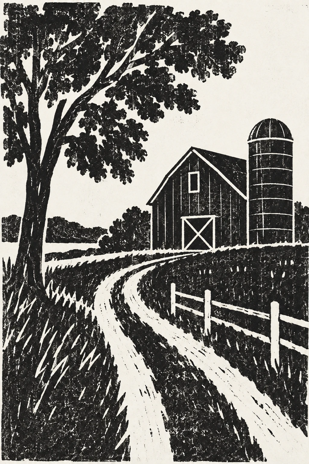 A red barn with a silo in charcoal, black, white, gray; portrait artwork.
