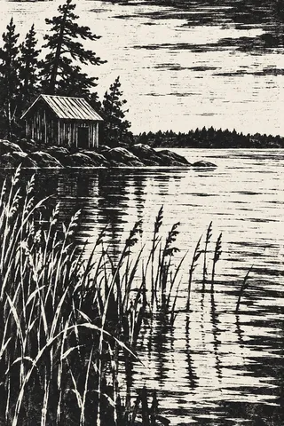 A lake cabin with a tin roof in charcoal, cream, gray, black; portrait artwork.