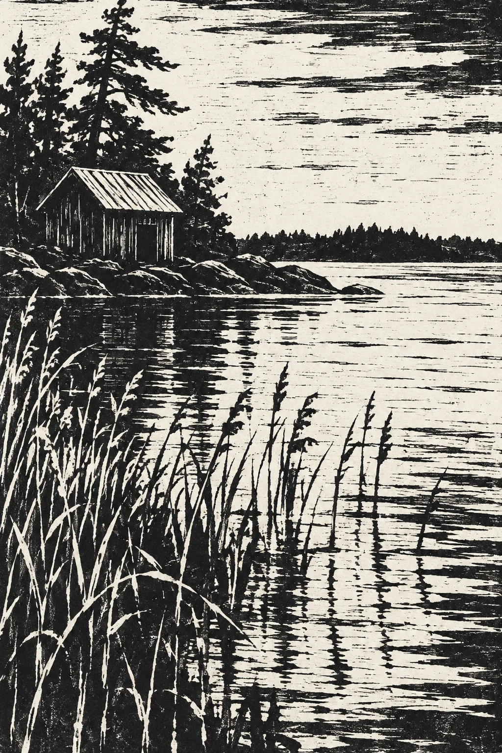 A lake cabin with a tin roof in charcoal, cream, gray, black; portrait artwork.