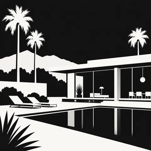 A mid-century house with a flat roof in black, white, charcoal, cream; square artwork.