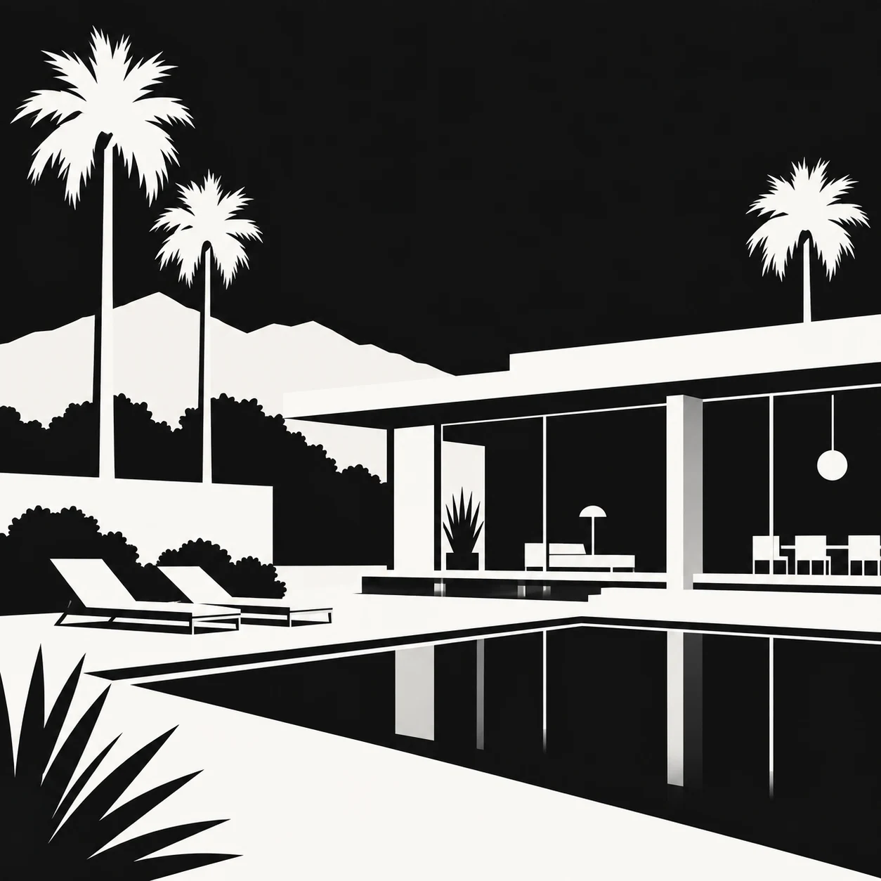 A mid-century house with a flat roof in black, white, charcoal, cream; square artwork.