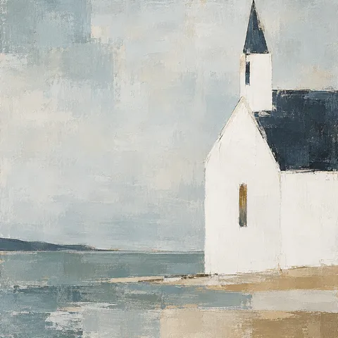 A white clapboard church in cream, stone, gray; square artwork.