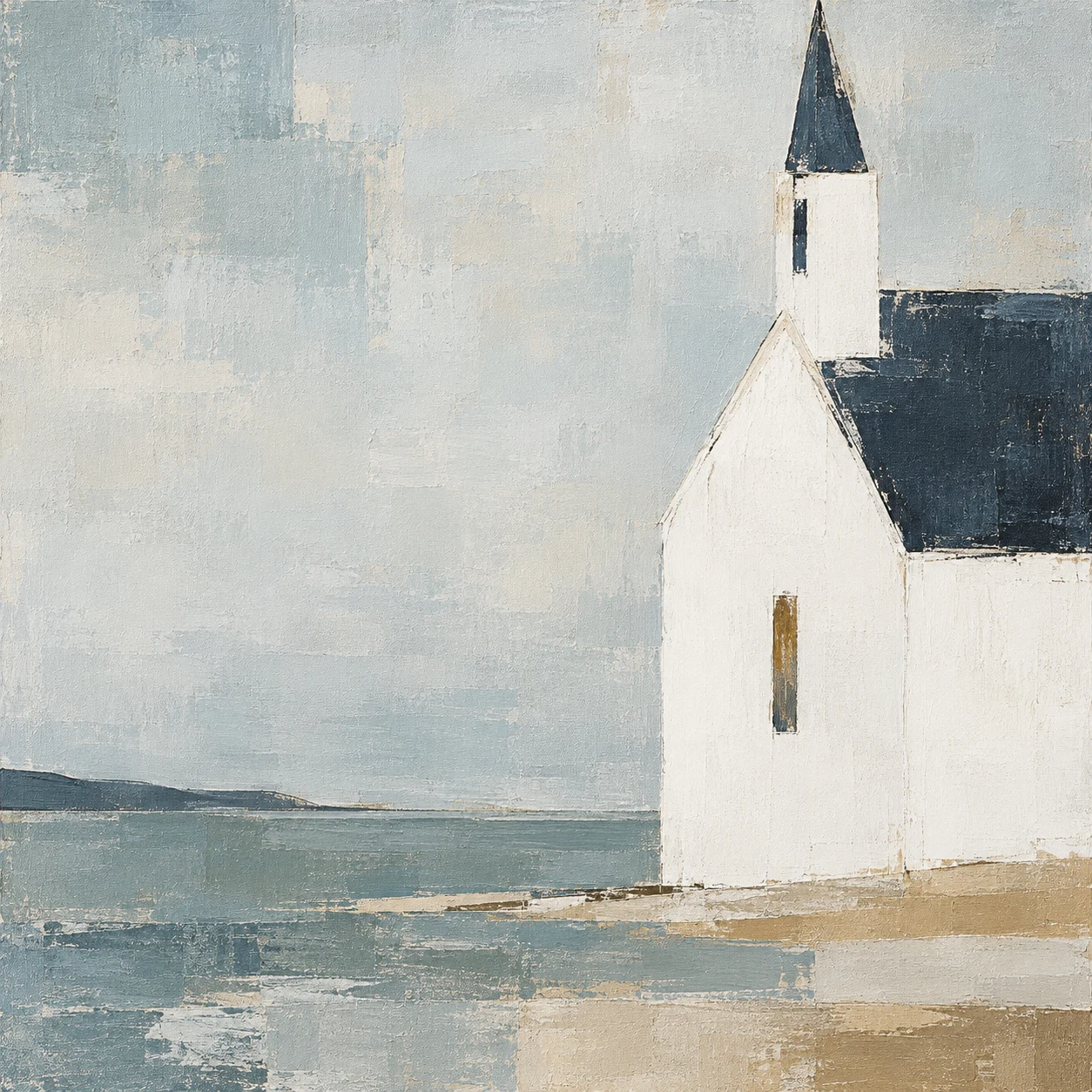 A white clapboard church in cream, stone, gray; square artwork.