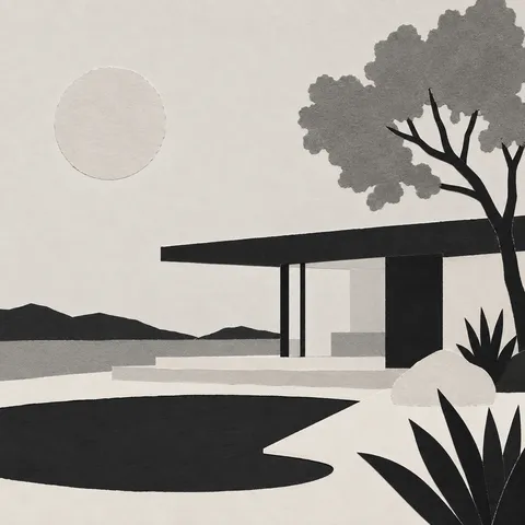 A mid-century house with a flat roof in cream, black, gray, stone; square artwork.