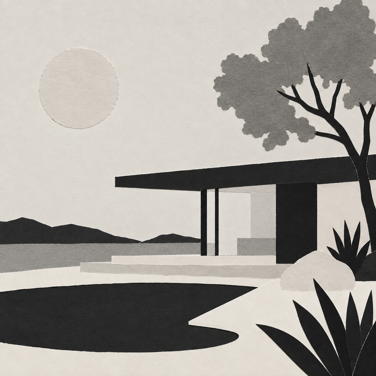 A mid-century house with a flat roof in cream, black, gray, stone; square artwork.