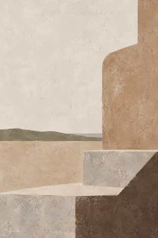 A brownstone stoop in cream, sand, sage, brown; portrait artwork.