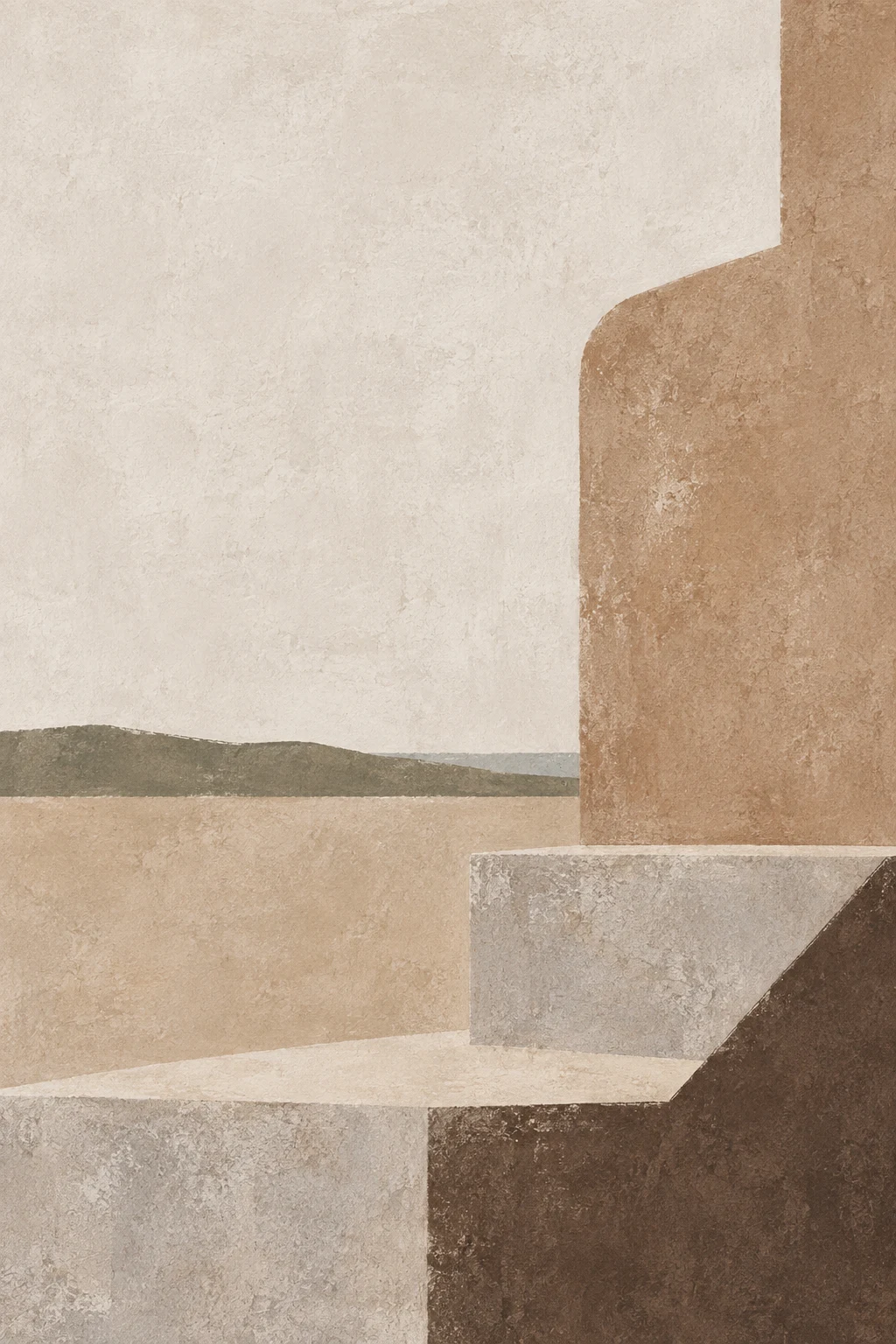 A brownstone stoop in cream, sand, sage, brown; portrait artwork.