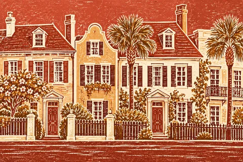 A row of Charleston single houses in terracotta, blush, ochre, cream; landscape artwork.