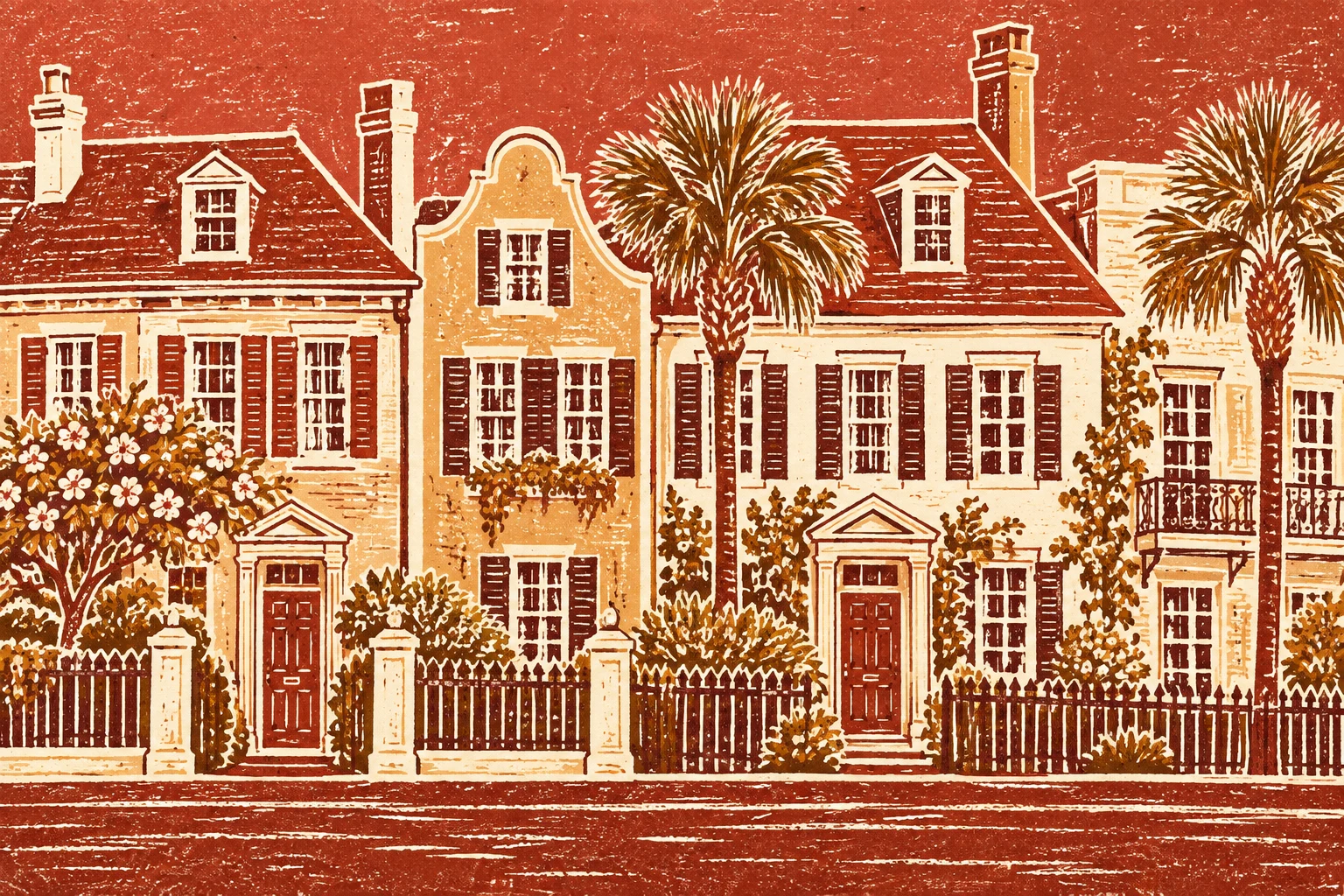 A row of Charleston single houses in terracotta, blush, ochre, cream; landscape artwork.
