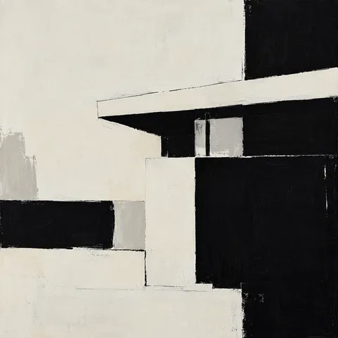 A mid-century house with a flat roof in cream, black, stone; square artwork.