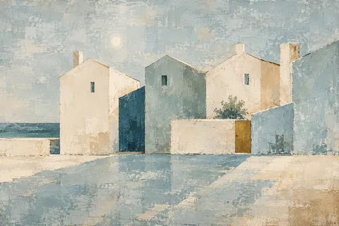 A row of Charleston single houses in stone, cream, gray; landscape artwork.