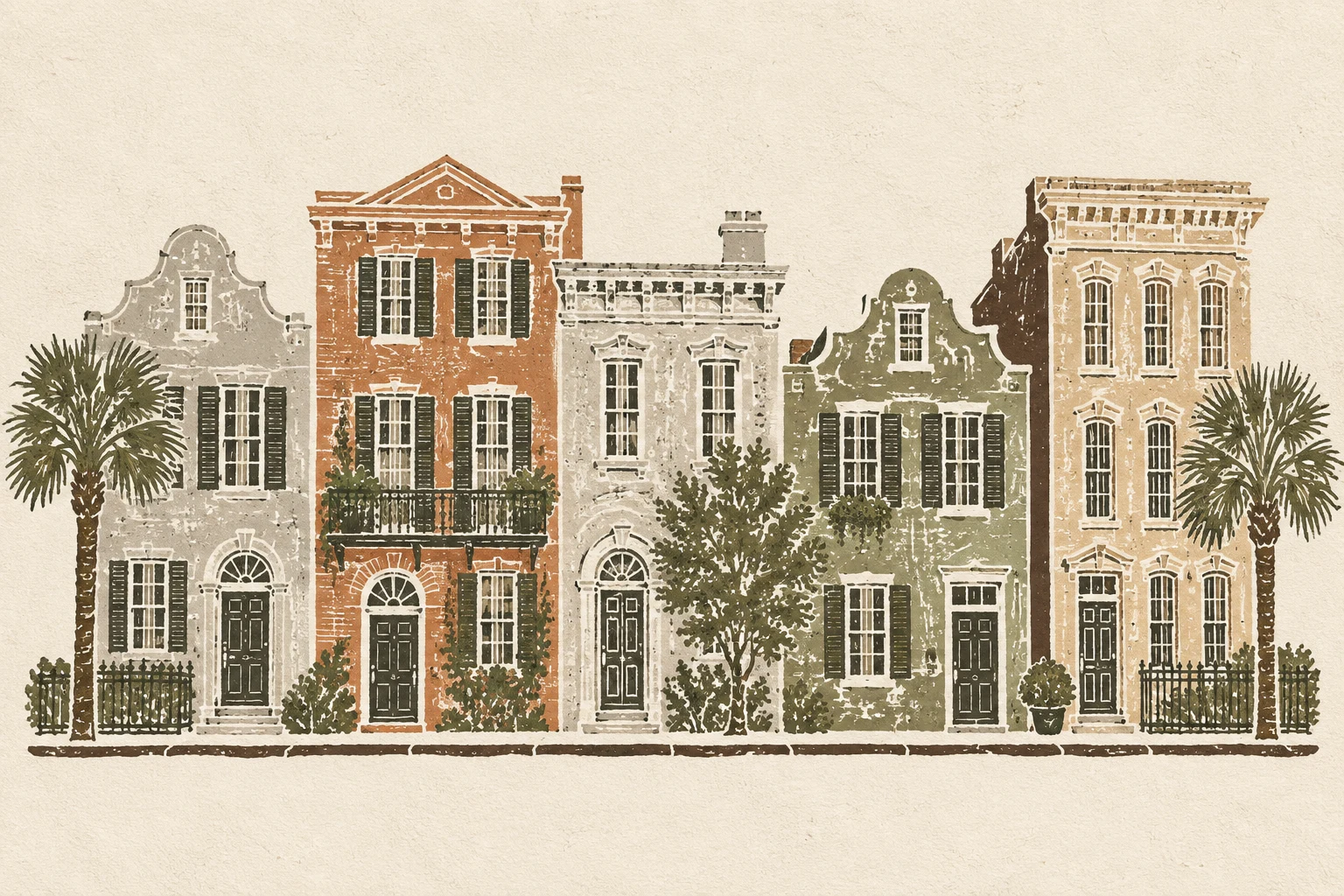 A row of Charleston single houses in cream, stone, taupe, olive; landscape artwork.