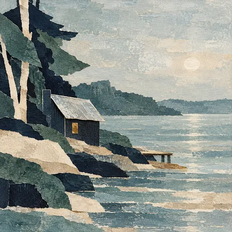 A lake cabin with a tin roof in stone, gray, green, black; square artwork.