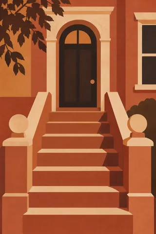 A brownstone stoop in terracotta, rust, burgundy, sand; portrait artwork.