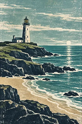 A lighthouse on a low headland in gray, black, teal, stone; portrait artwork.
