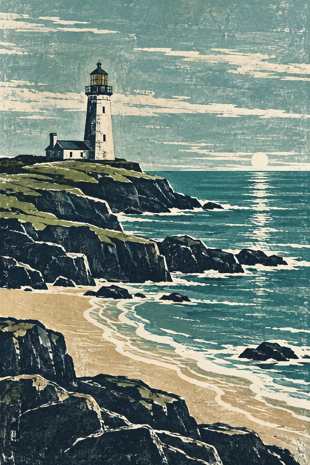 A lighthouse on a low headland in gray, black, teal, stone; portrait artwork.