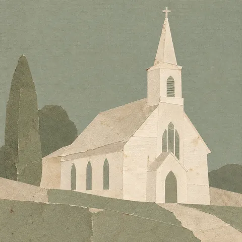 A white clapboard church in sage, stone, cream, taupe; square artwork.