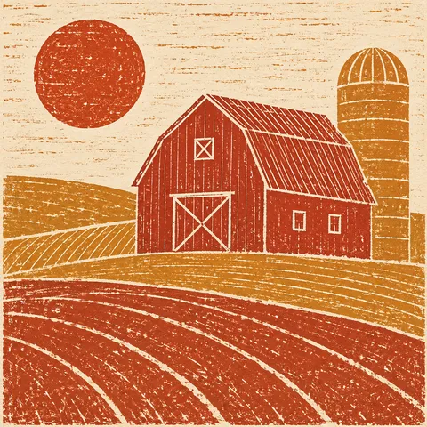 A red barn with a silo in terracotta, cream, orange, red; square artwork.