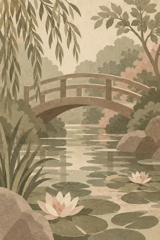 A garden bridge over a lily pond in taupe, sand, sage, cream; portrait artwork.