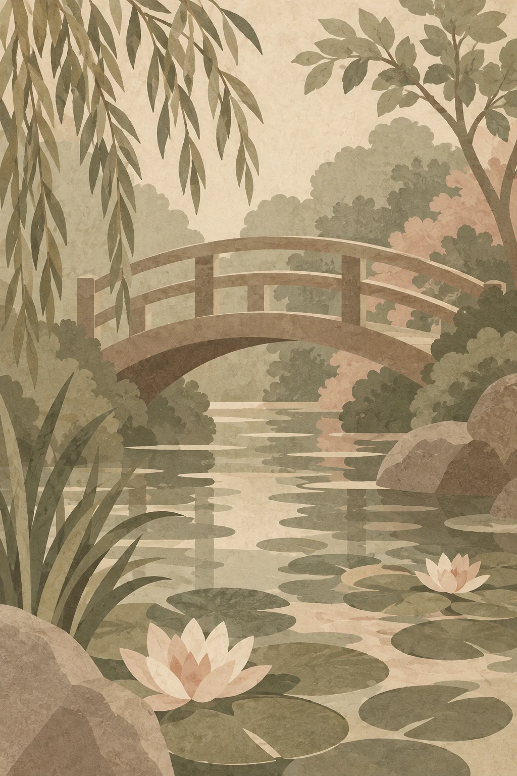 A garden bridge over a lily pond in taupe, sand, sage, cream; portrait artwork.