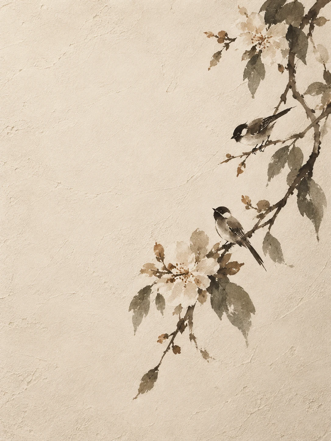 A flowering branch with two small birds in cream, stone, taupe; portrait artwork.