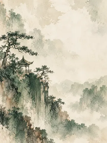 A pagoda pavilion among pines in cream, white, sage, stone; portrait artwork.