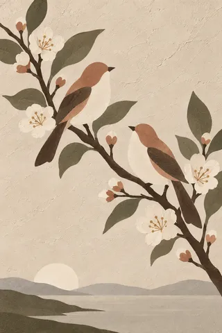 A pair of songbirds on a plum branch in cream, sand, brown, taupe; portrait artwork.