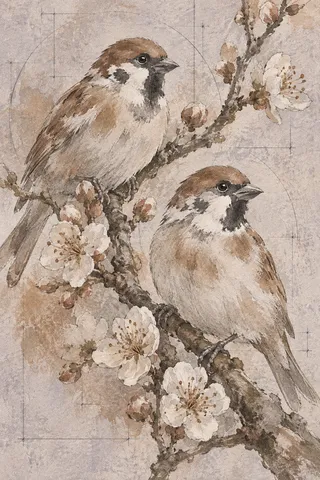 A pair of songbirds on a plum branch in stone, gray, sand, taupe; portrait artwork.