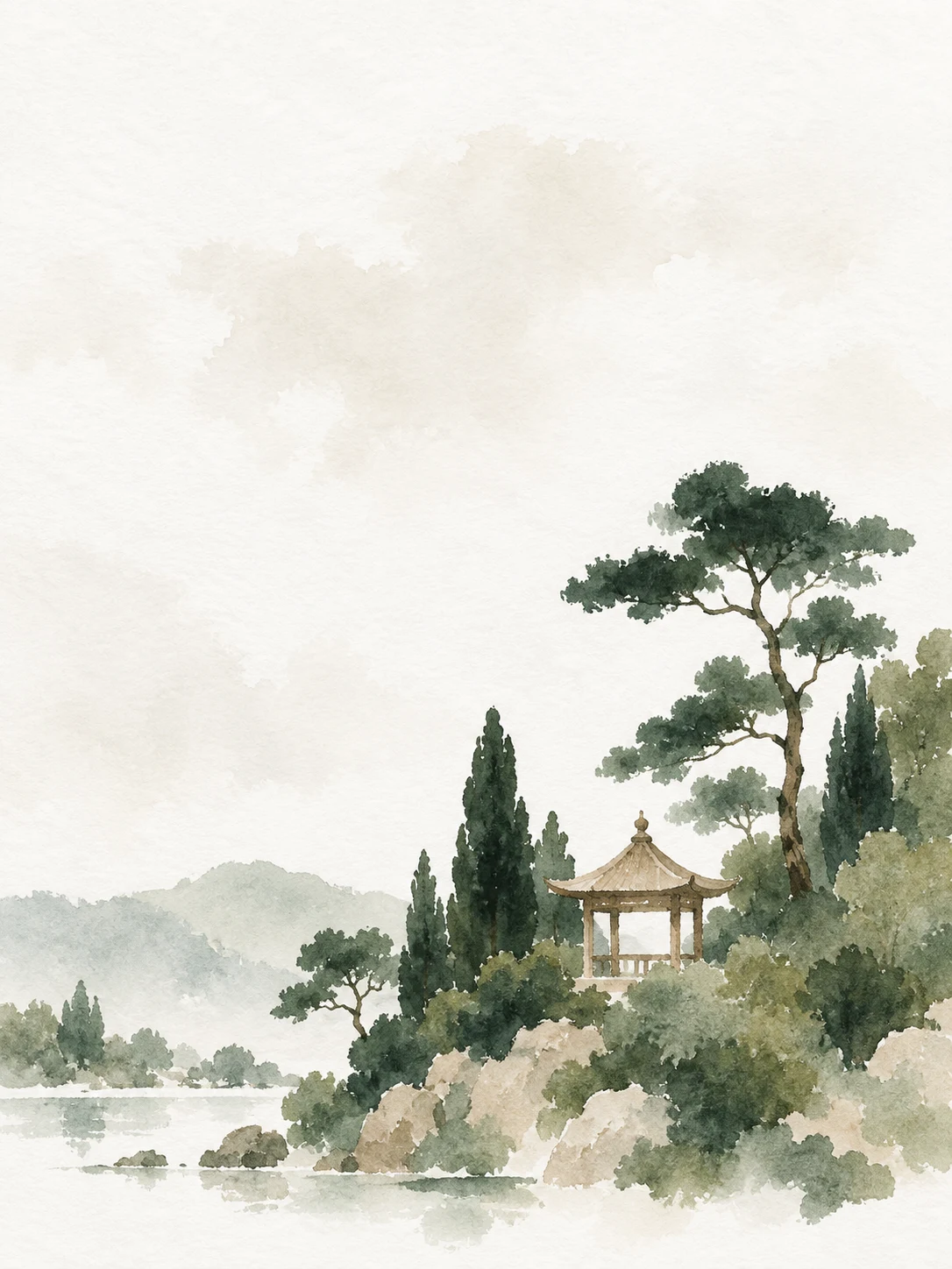A pagoda pavilion among pines in white, sand, olive, cream; portrait artwork.
