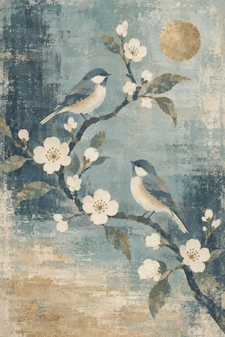 A pair of songbirds on a plum branch in stone, gray, green, cream; portrait artwork.