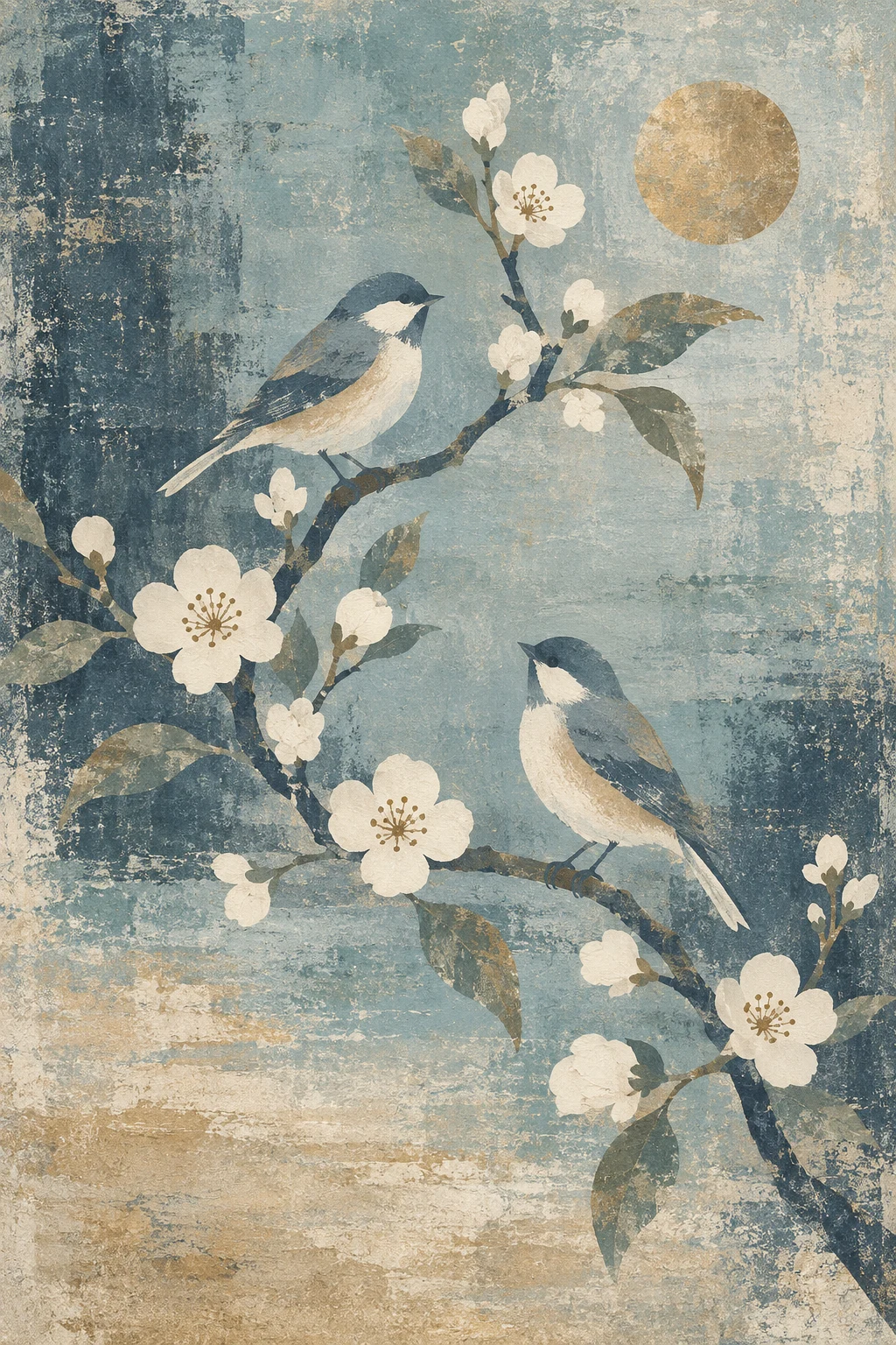 A pair of songbirds on a plum branch in stone, gray, green, cream; portrait artwork.