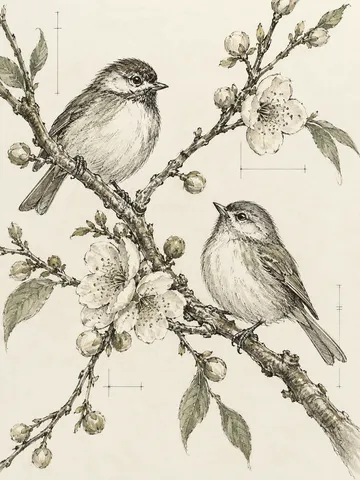 A pair of songbirds on a plum branch in white, cream, sand, stone; portrait artwork.