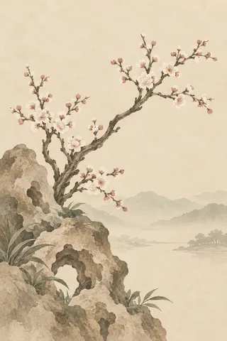A garden rock and plum blossom in cream, sand, stone, taupe; portrait artwork.