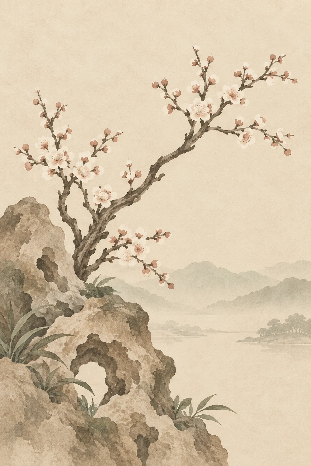 A garden rock and plum blossom in cream, sand, stone, taupe; portrait artwork.