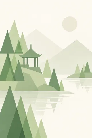 A pagoda pavilion among pines in white, cream, sage, stone; portrait artwork.