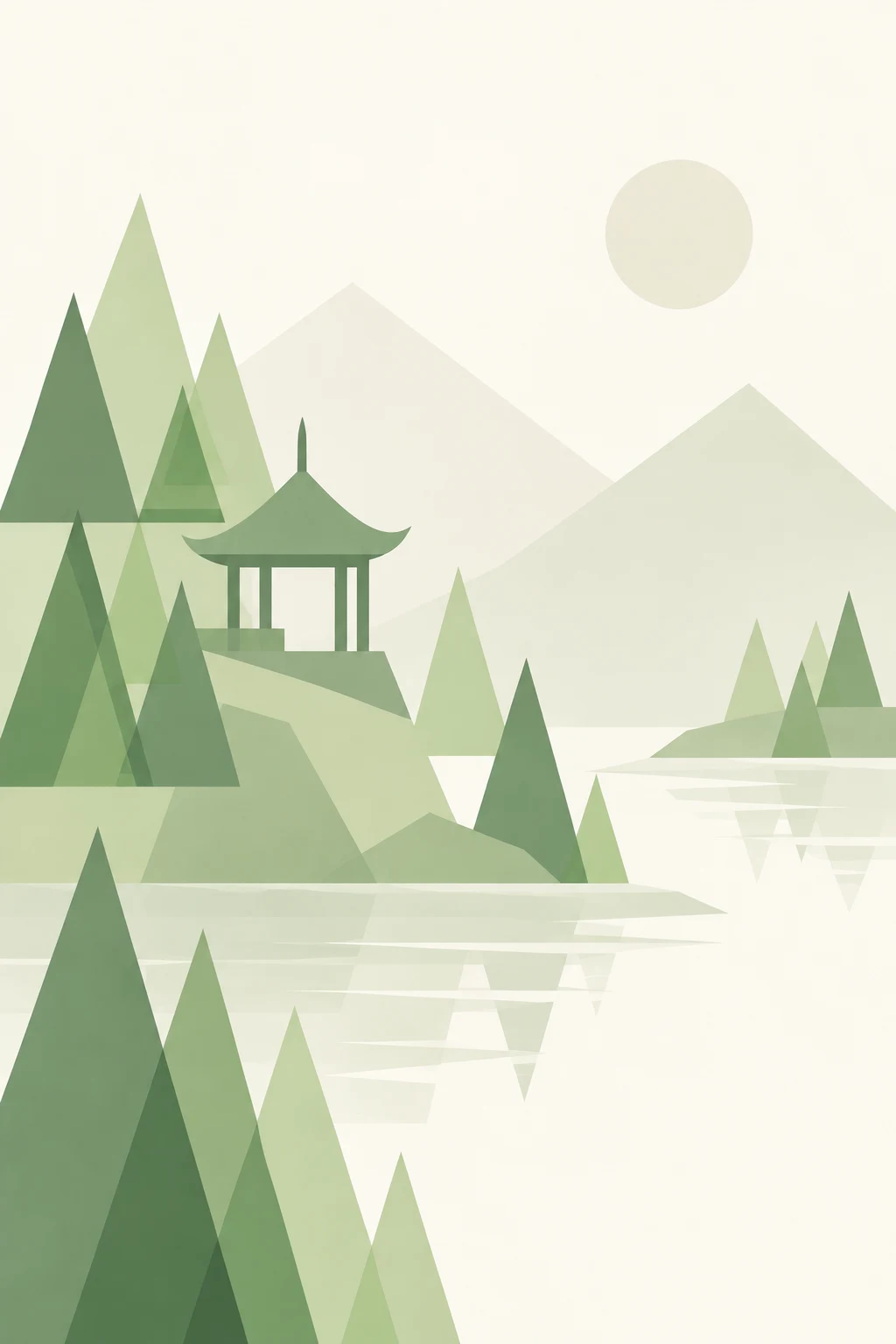 A pagoda pavilion among pines in white, cream, sage, stone; portrait artwork.