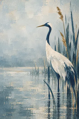 A crane among reeds in stone, cream, gray, green; portrait artwork.