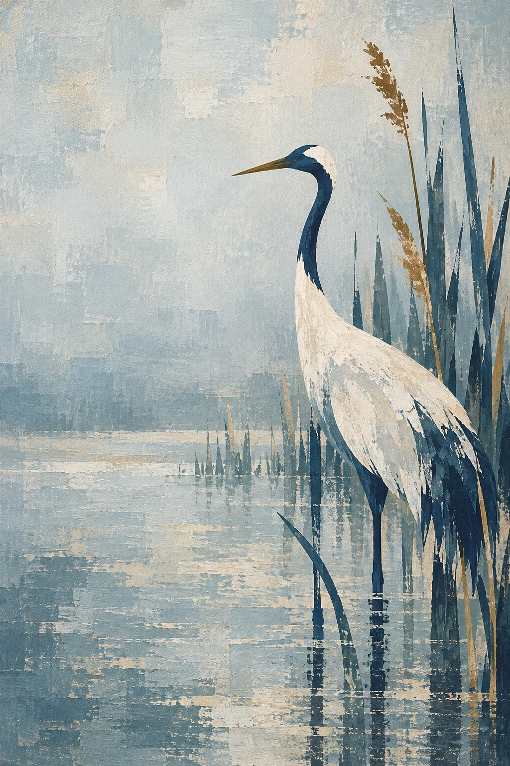 A crane among reeds in stone, cream, gray, green; portrait artwork.